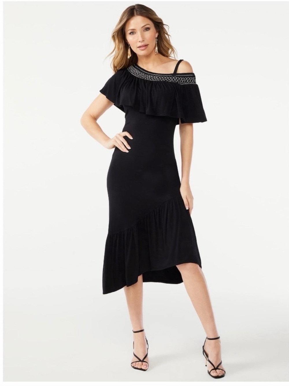 Off-Shoulder Black Ruffle Midi Dress